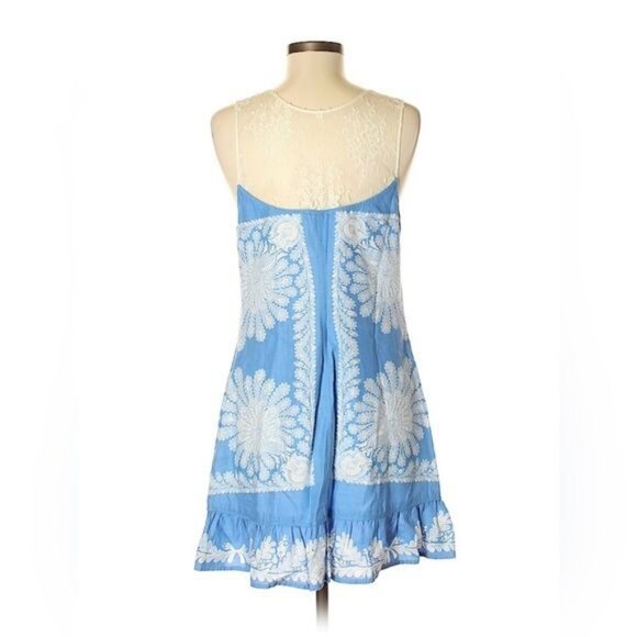Vintage Free People Blue & White Lace Trim Embroidered Mini Shift Dress - Picture 9 of 16